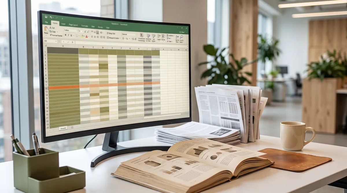 Operations desk with a monitor showing a structured table of extracted records next to printed invoices and a product catalog