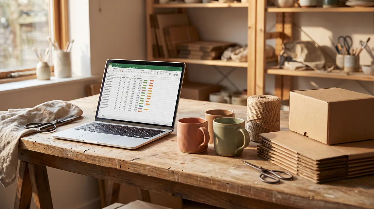 Handmade shop workbench with a laptop showing a sheet of listing prices beside ceramic mugs and kraft shipping boxes