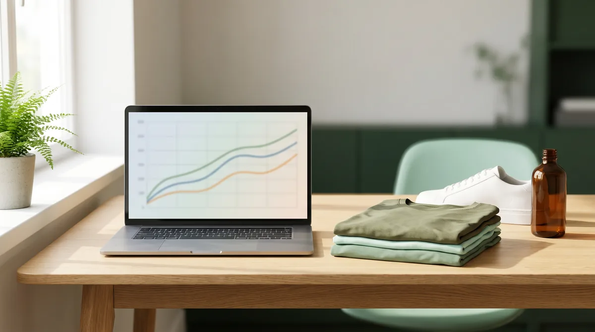 Direct to consumer brand office with a laptop showing a price trend chart beside folded apparel, a sneaker and a skincare bottle